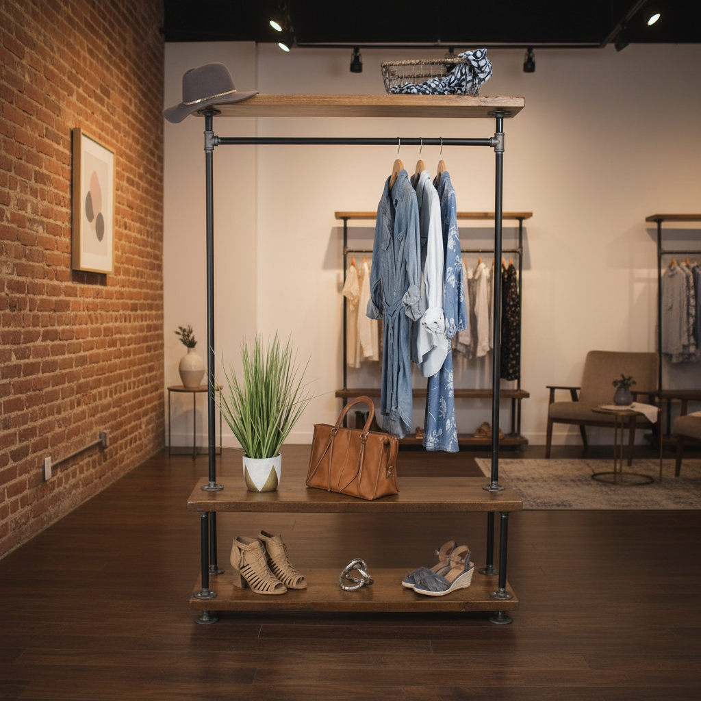 Industrial Pipe Clothing Rack with Wood Shelving