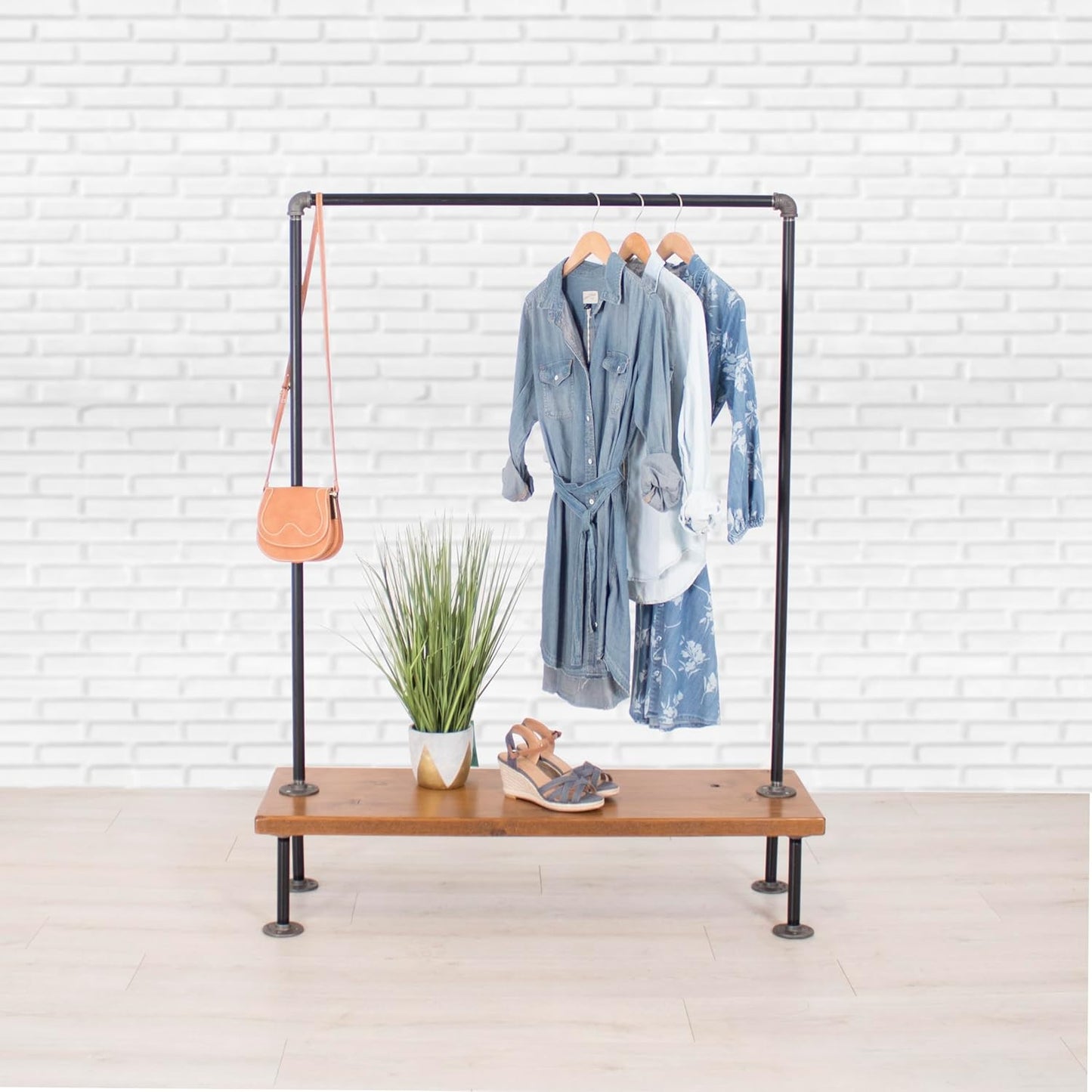 Industrial Pipe Clothing Rack with Wood Bottom Shelf