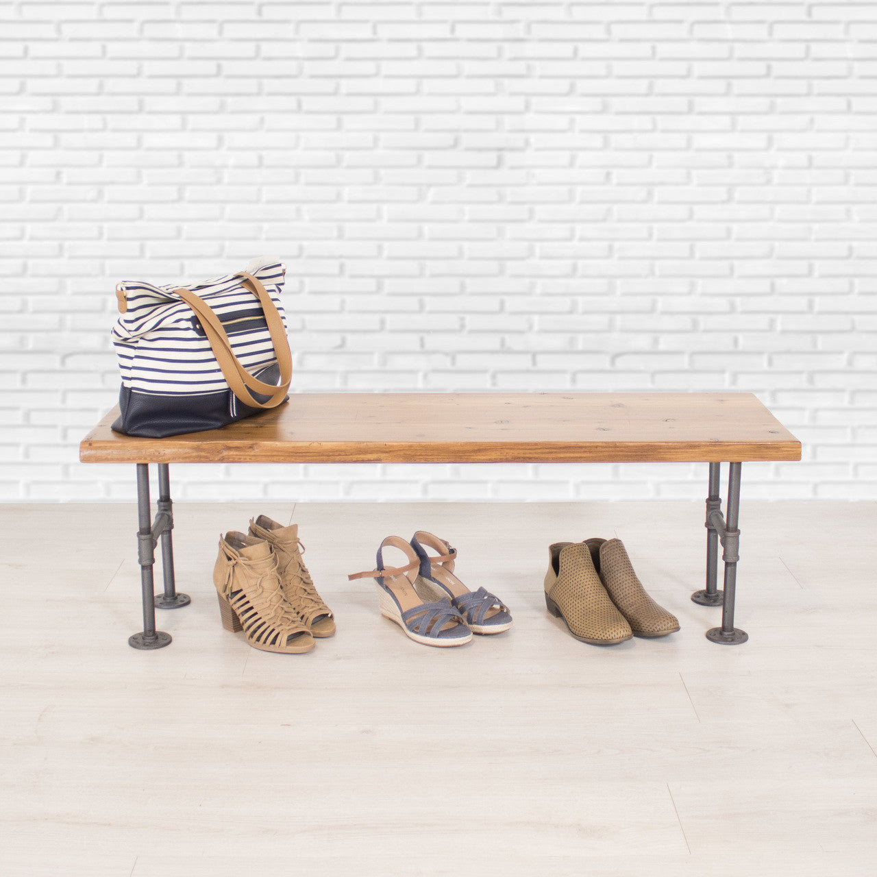 Industrial Pipe and Solid Wood Mudroom and Entryway Storage Bench, Solid Wood with Pipe Base