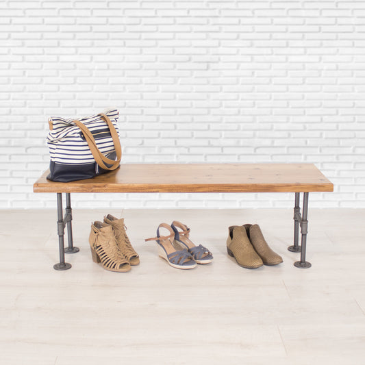 Industrial Pipe and Solid Wood Mudroom and Entryway Storage Bench, Solid Wood with Pipe Base