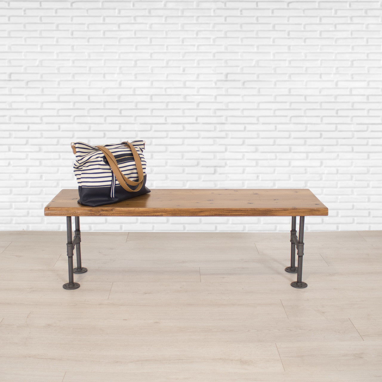 Industrial Pipe and Solid Wood Mudroom and Entryway Storage Bench, Solid Wood with Pipe Base