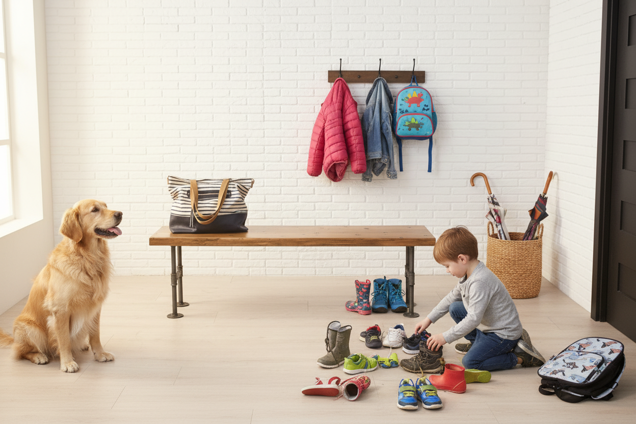Industrial Pipe and Solid Wood Mudroom and Entryway Storage Bench, Solid Wood with Pipe Base
