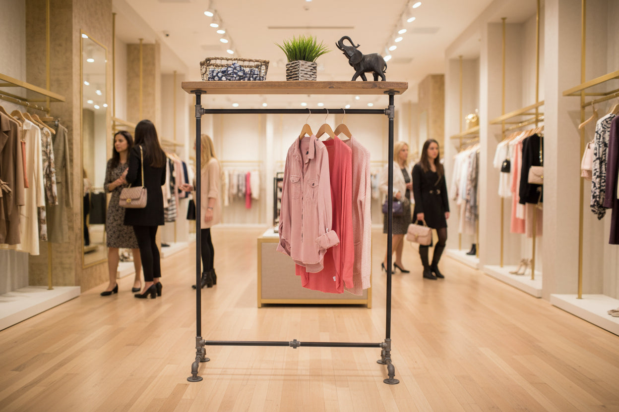 Industrial Pipe Clothing Rack with Solid Wood Top Shelf