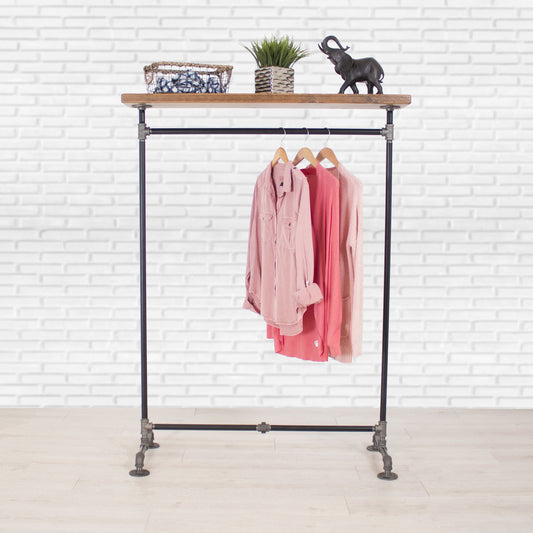 Industrial Pipe Clothing Rack with Solid Wood Top Shelf