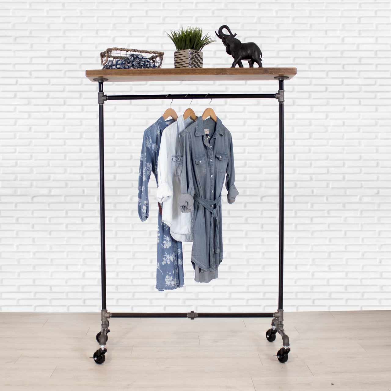 Industrial Pipe Clothing Rack with Solid Wood Top Shelf