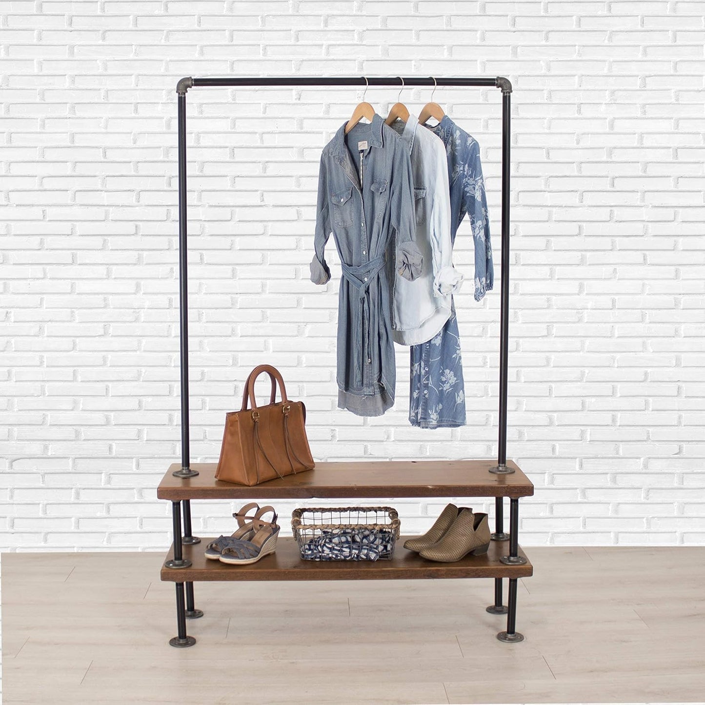 Industrial Pipe Clothing Rack with Cedar Wood Shelves