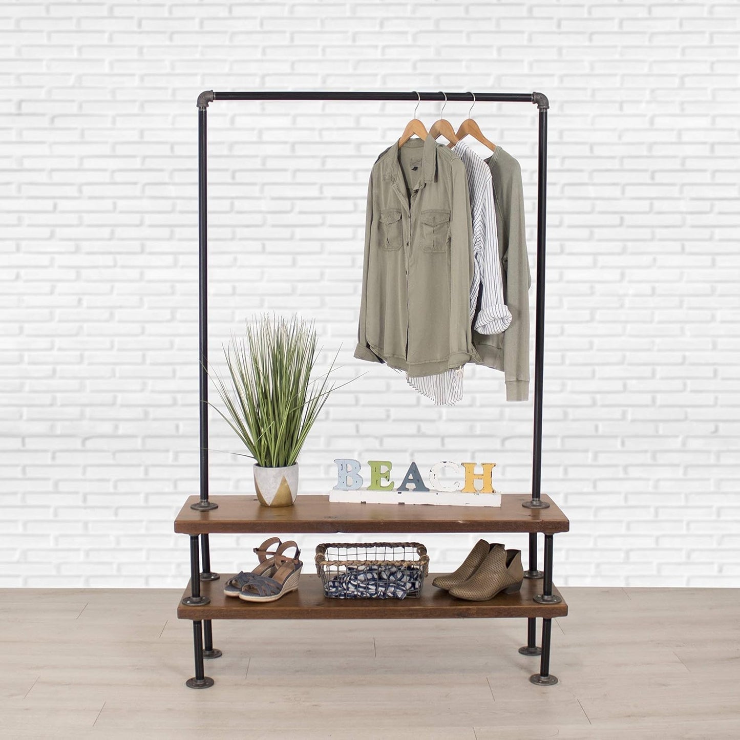 Industrial Pipe Clothing Rack with Cedar Wood Shelves