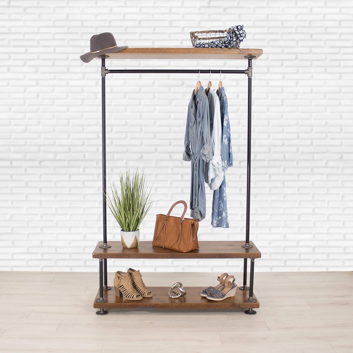 Industrial Pipe Clothing Rack with Wood Shelving