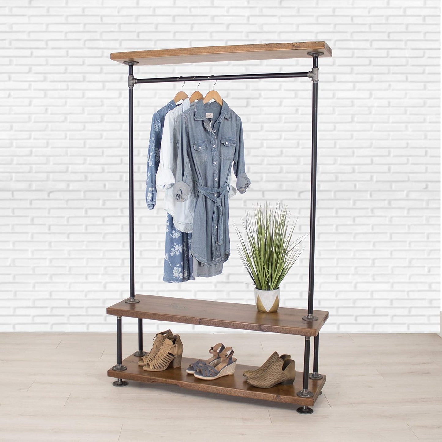 Industrial Pipe Clothing Rack with Wood Shelving