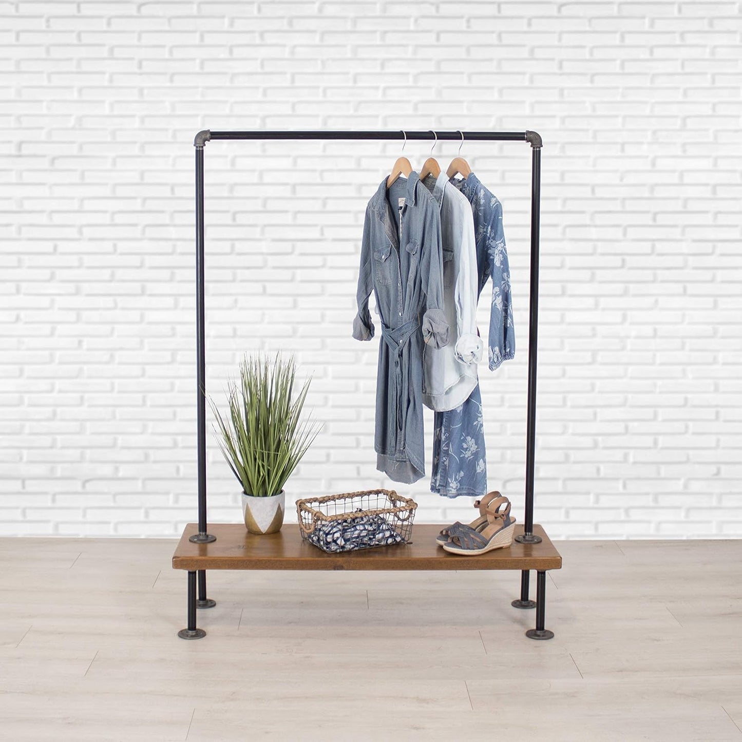 Industrial Pipe Clothing Rack with Wood Bottom Shelf