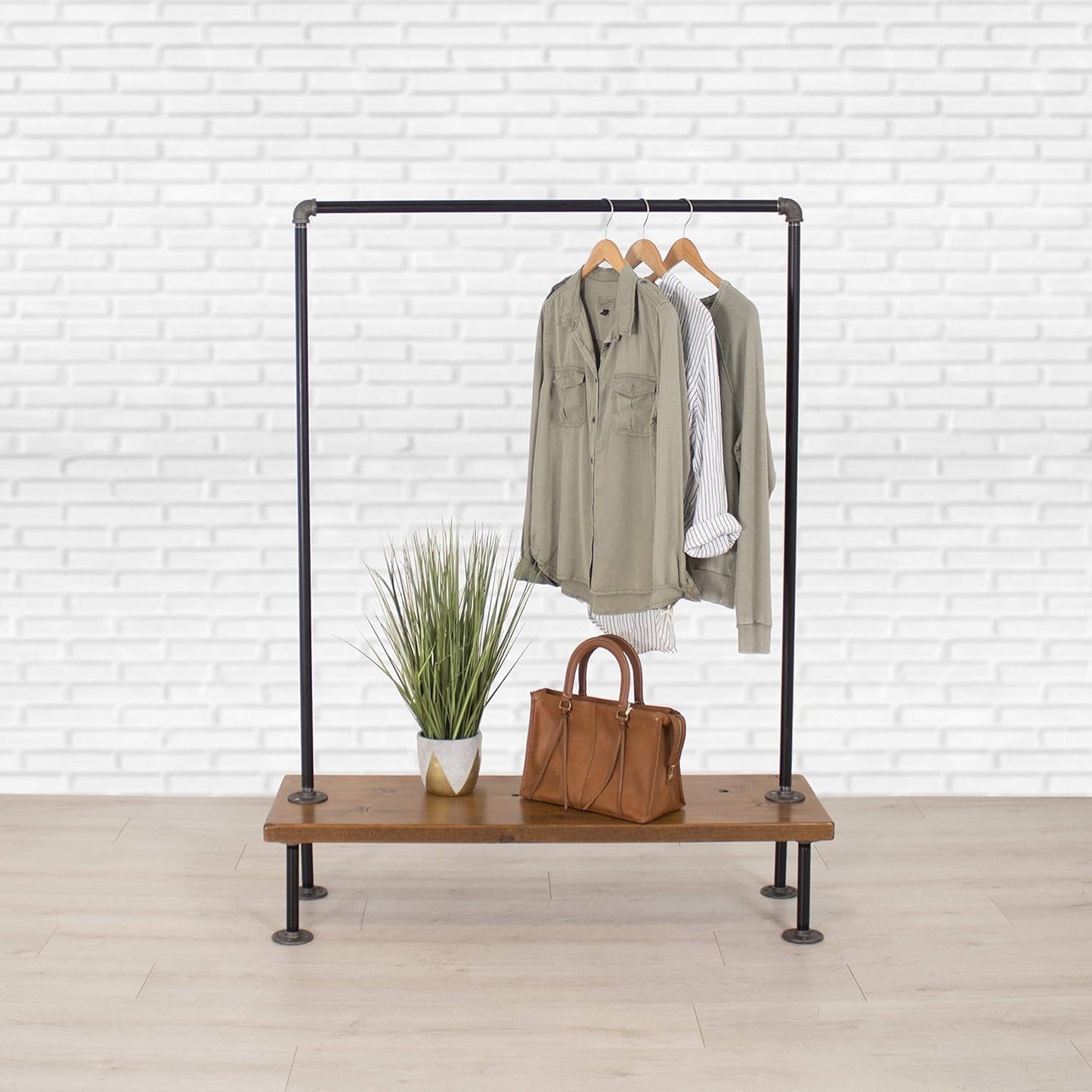 Industrial Pipe Clothing Rack with Wood Bottom Shelf